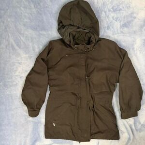 Eddie Bauer brown parka jacket with hood and pockets. Size M